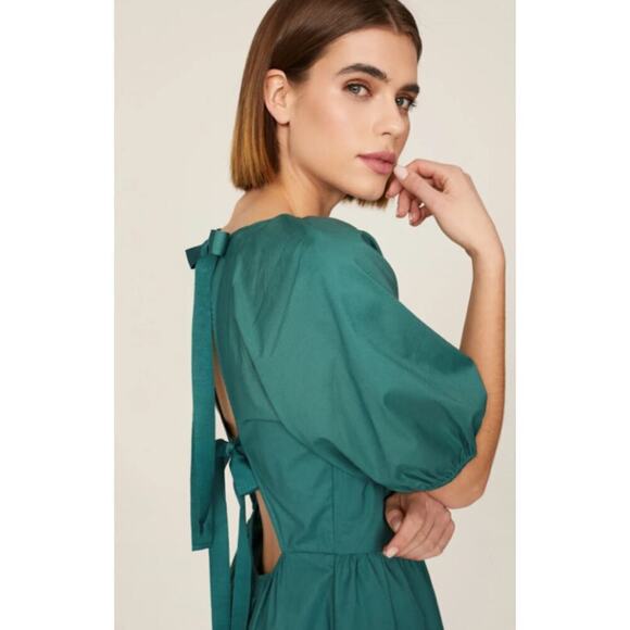 Peter Som Collective Puff Sleeve Dress Open Tie Back Cotton Mini Green Size 8 - Picture 4 of 13